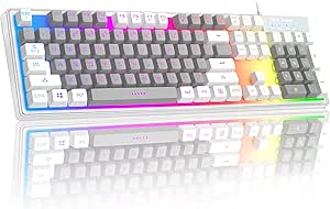 MageGee Gaming Keyboard, Rainbow Backlit LED Wired Gaming Keyboard with Clear Housing and Double-Shot Keycaps, K1 Waterproof Ergonomic 104 Keys Light Up Keyboard for PC Desktop Laptop, White & Gray