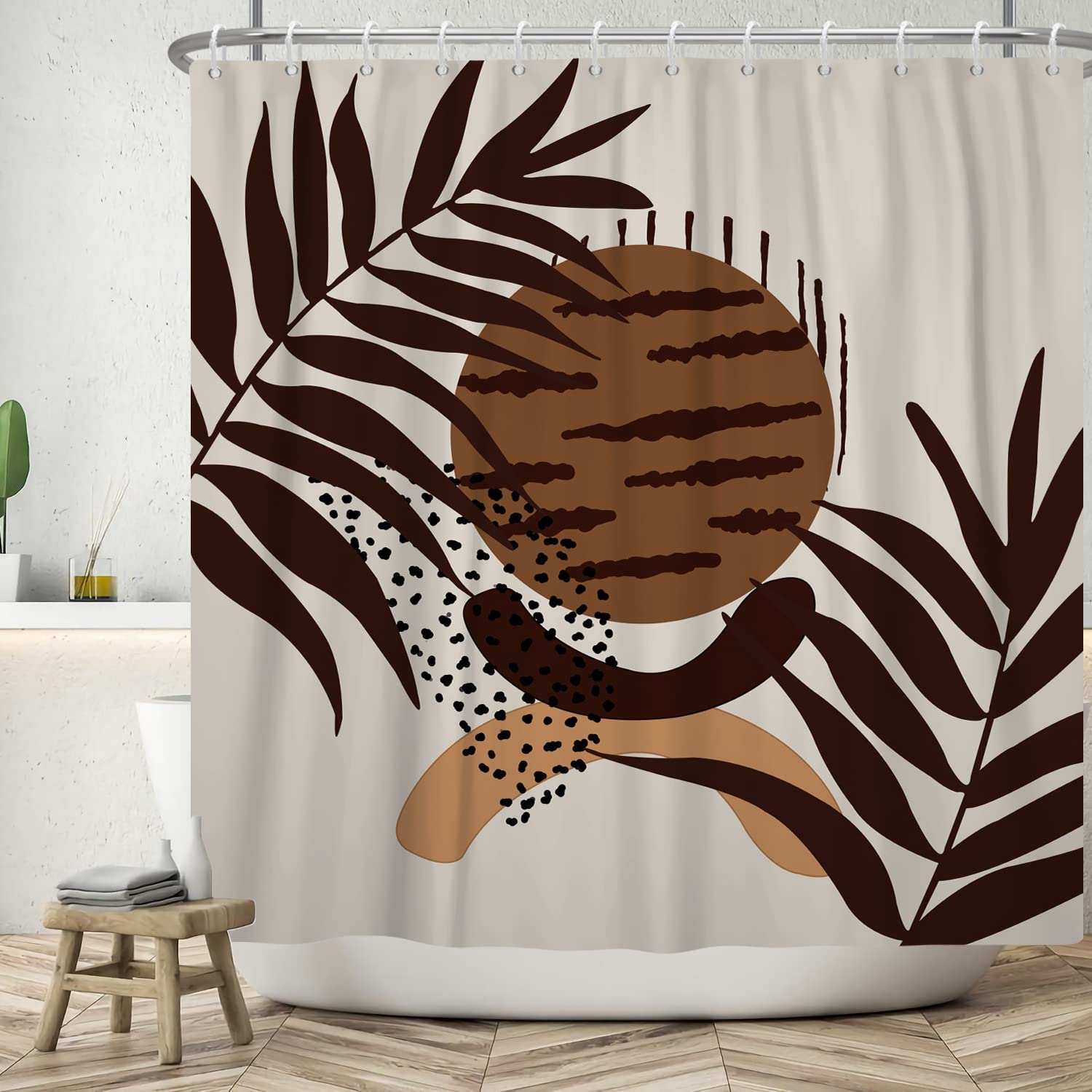 Ttincceer 152x183cm Watercolor Palm Leaf Shower Curtain Abstract Tropical Plant Brown Sun Bathroom Curtain Mid Century Bathroom Art Deco Curtain Waterproof Bathtub Curtain — image 1