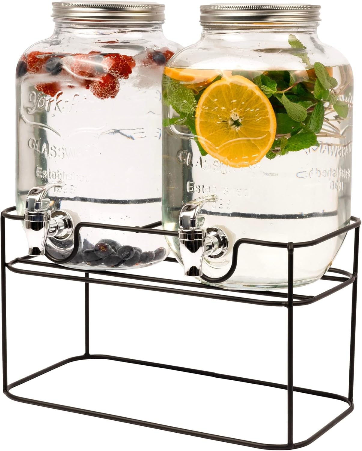 Cookinglife Distributeur de Boissons Double, Verre et Acier, Noir, 2 x 4 litres, avec Support