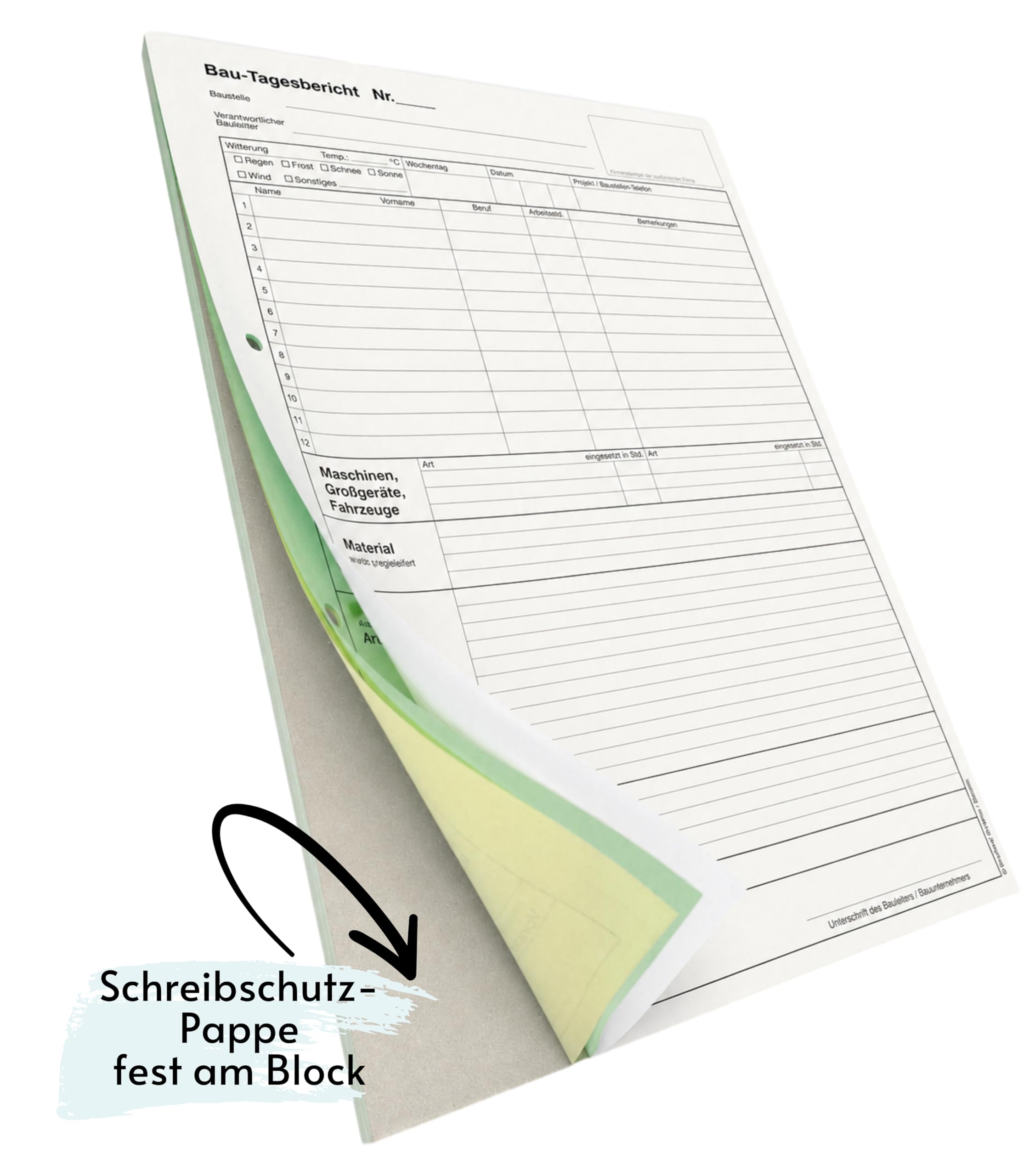 10x Bau-Tagesbericht, Baubericht Bautagebuch Regiebericht-Bau DIN A4, 3-fach selbstdurchschreibend, 3x30 Blatt weiß/grün/gelb - gelocht (22205)
