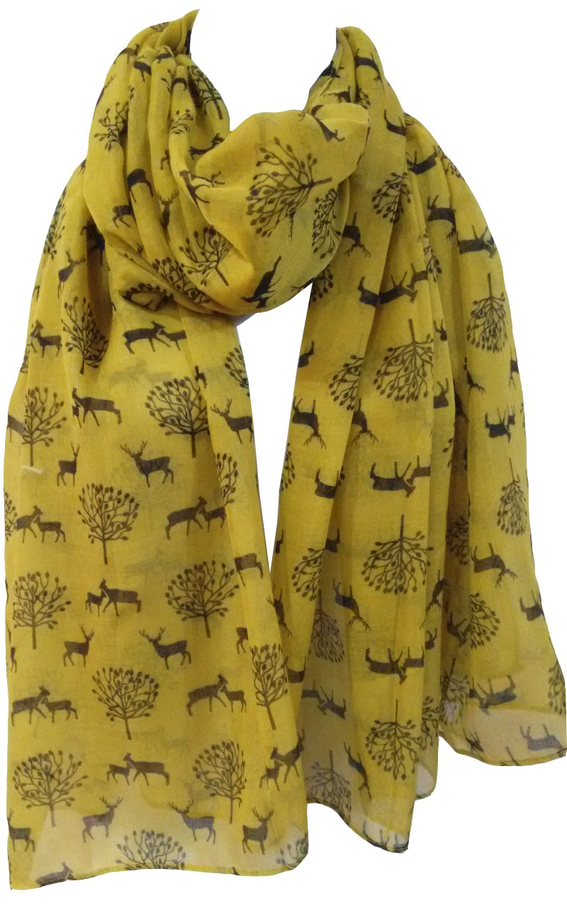 Glamlondon Women's Mustard Yellow Deer And Trees Scarf Christmas Reindeer Stag Large Festive Party Gift (Mustard Yellow)