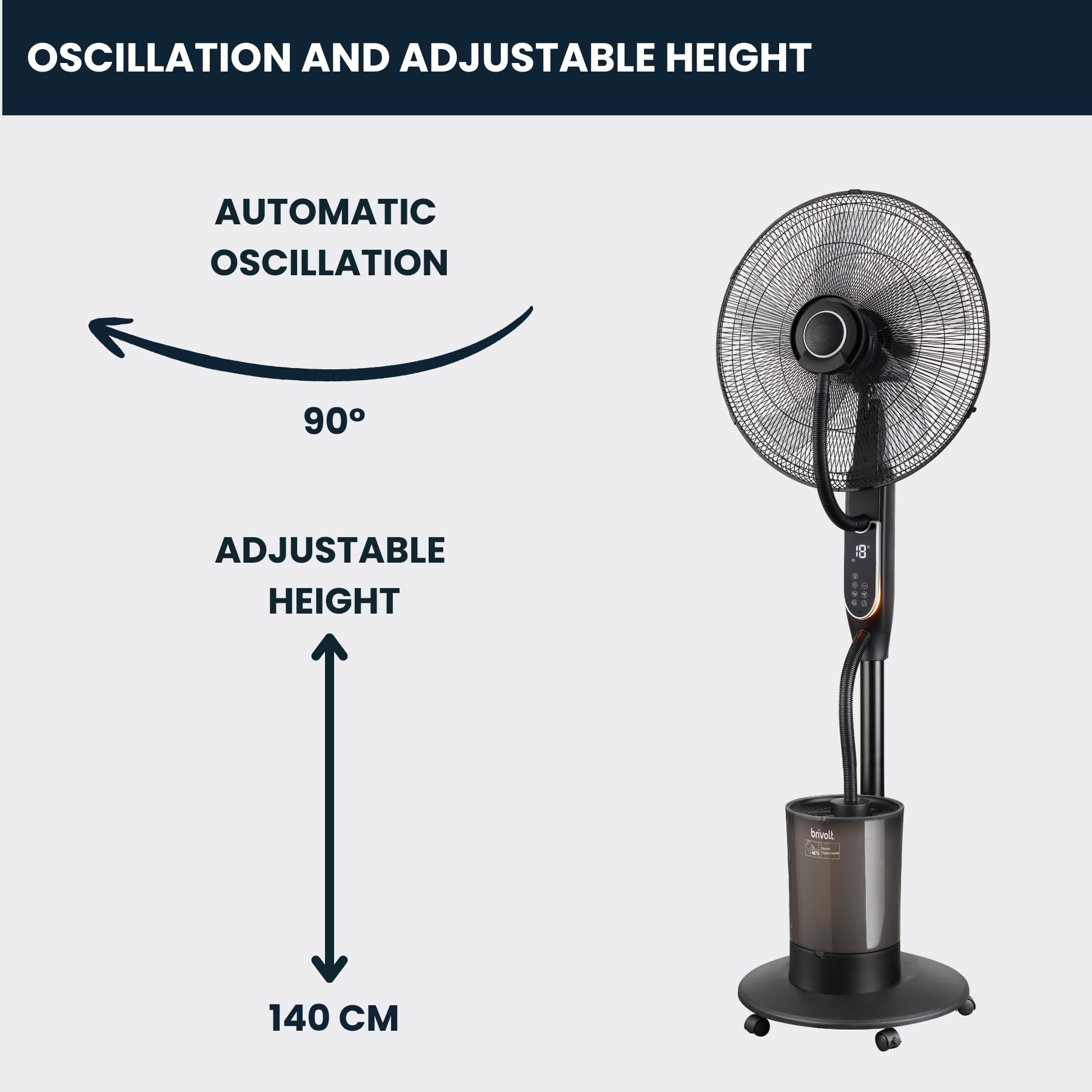 BVVN10 Verneblerventilator, 100 W, 3 Geschwindigkeiten, 4 Modi, Fernbedienung, Thermometer, Ø 45 cm