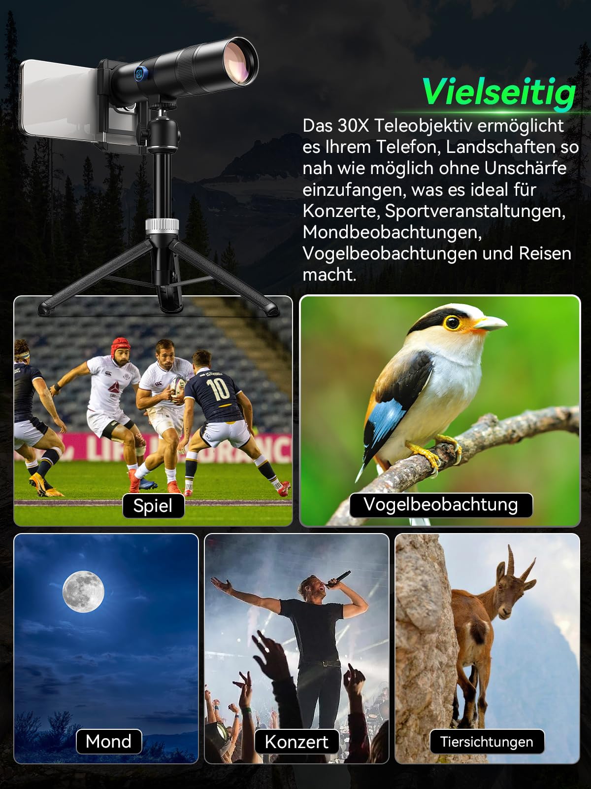 APEXEL 30X Super Teleobjektiv, 720mm Brennweite Teleobjektiv für Smartphone, Professionelles & Künstlerisches Erfassen für Wildtiere, Sport, Konzerte
