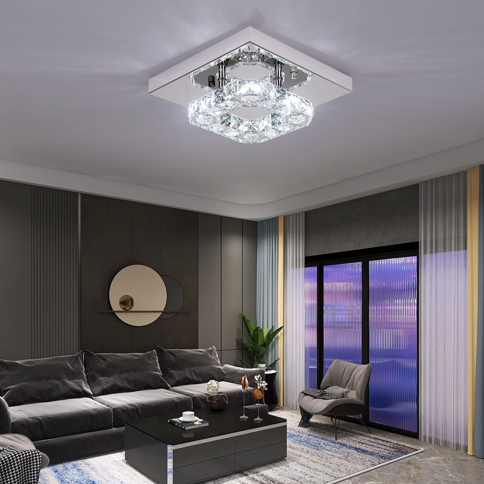 GreeLustr Mini Kristall Kronleuchter LED Moderne Kristall Deckenleuchte, Austauschbare Pendelleuchte Quadrat K9 Crystal Einbauleuchte Edelstahl Deckenlampe für Hall, Wohnzimmer, Esszimmer