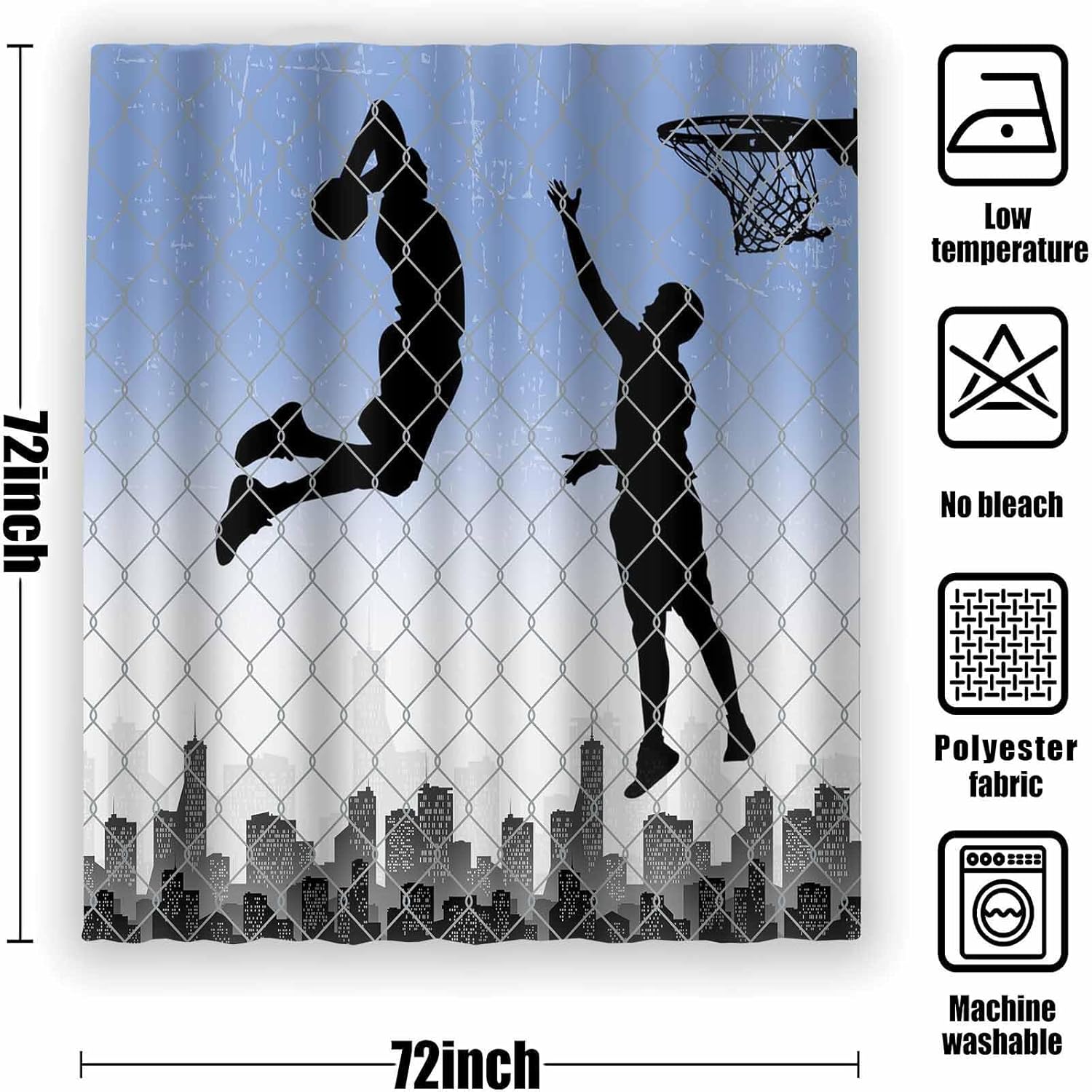 Basketball Shower Curtain, Boys Playing Basketball in The City Street Teen Bathroom Curtains 72x72 Inches Polyester Fabric Sports Bathtub Home Decor Set with 12 Hooks