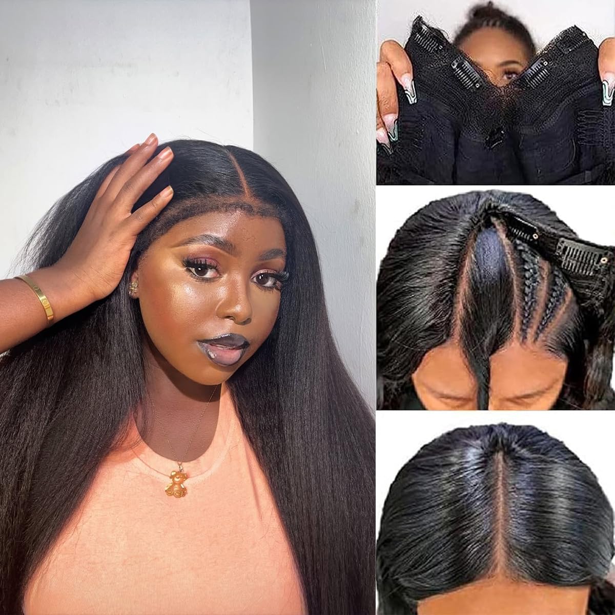 V Part Wig Human Hair Kinky Straight Upgrade U Part Wigs Human Hair Wigs for Women With Drawstring No Glue No Sew in 180% Density V Shape Clip In Half Wig Natural Color 20 Inch