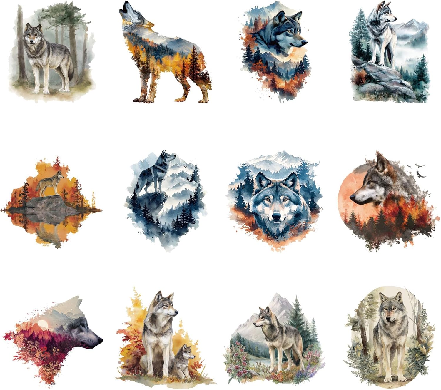 SUPERDANT 12PCS Wolf Iron on Transfer Paper Forest Animals Heat Transfer Sticker Washable Iron on Decals for T Shirts DTF Transfers Ready to Press for Clothing Hoodie Jackets DIY Gift