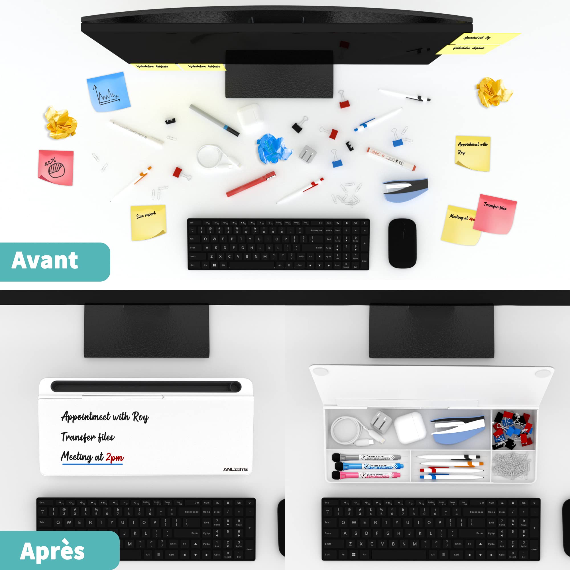 Petit Tableau Blanc de Bureau en Verre avec Boite de Rangement, Effaçable à Sec pour Notes et Rappels – Remplace les Notes Autocollantes, Organiseur de Bureau Compact Entre l'Écran et le Clavier
