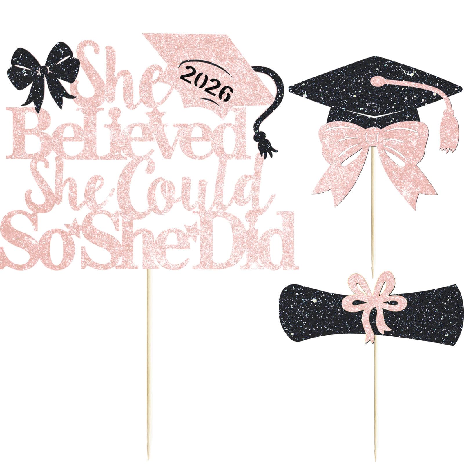 3 Pcs Coquette Bow 2026 Graduation Cake Topper Rose Gold Glitter She Believed She Could So She Did Cake Topper Class of 2026 Cake Decor for Girls