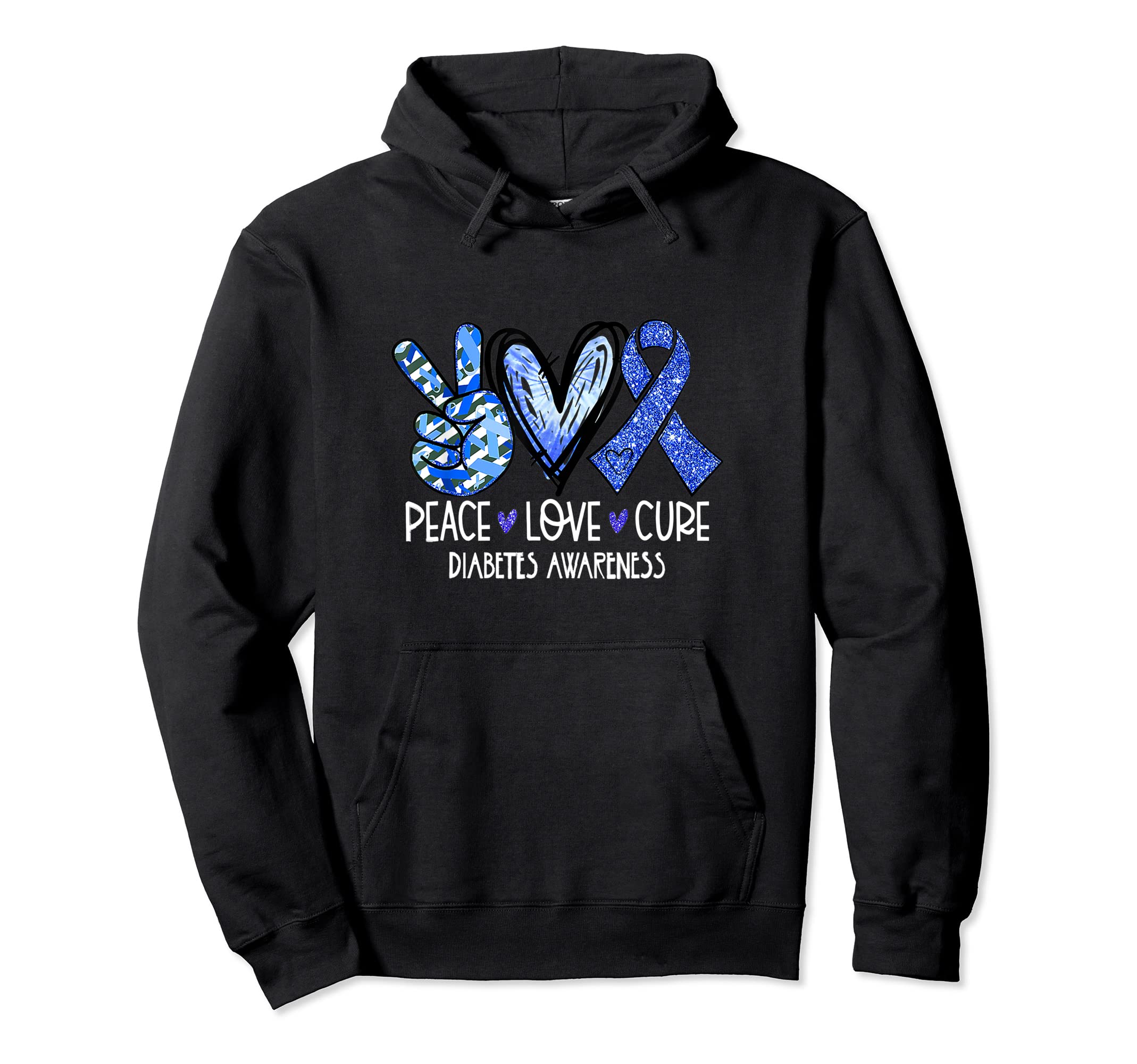 Peace Love Cure Type 1 Diabetes Awareness T1D Blue Ribbon Pullover HoodieOEKO-TEX STANDARD 100
