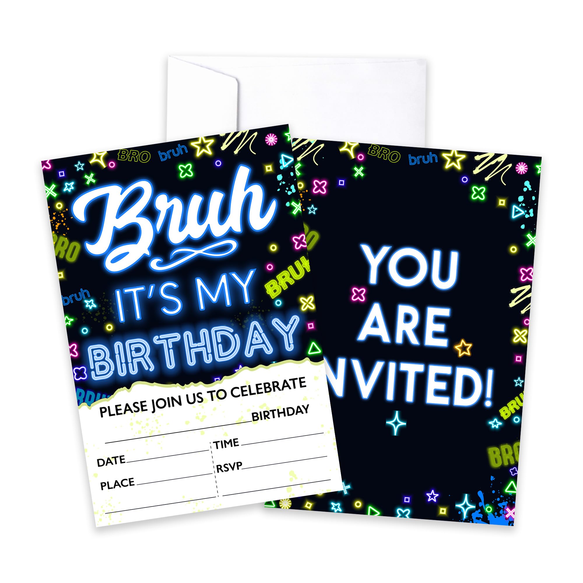 CLIRBE Bruh Birthday Party Invitations, Glow Neon Invited Birthday Invitations For Brother Bro Teen Boys, 20 Invites Cards With 20 Envelopes, Party Supplies Favors -H05
