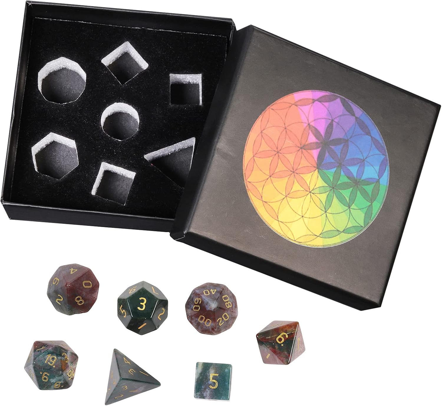 TUMBEELLUWA Engraved Crystal Stone Polyhedral Dice Set for RPG MTG Dungeons and Dragons Table Game 7 Pieces DND Board Game Dices with Pouch, Indian Agate