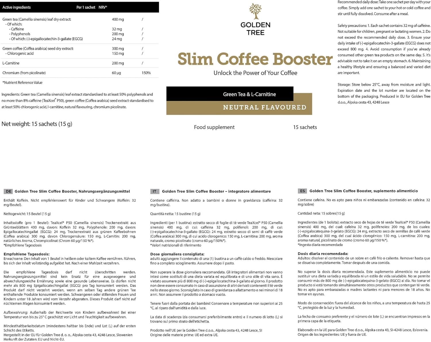 Golden Tree Slim Coffee Booster – Kaffeepulver Zusatz, 15 Sachets | Grüntee-Extrakt, Grünkaffee-Extrakt, L-Carnitin, Chrompicolinat