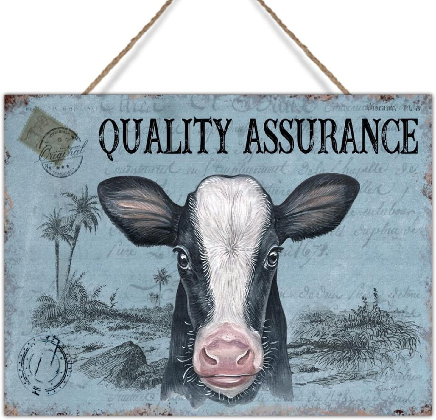 Rustic Farmhouse Sign Vintage French Style Cow Blue Wall Art Decor Watercolor Farm Animal Cattle Wood Sign for Home Office School 24x18in New Home Gift to Farmer