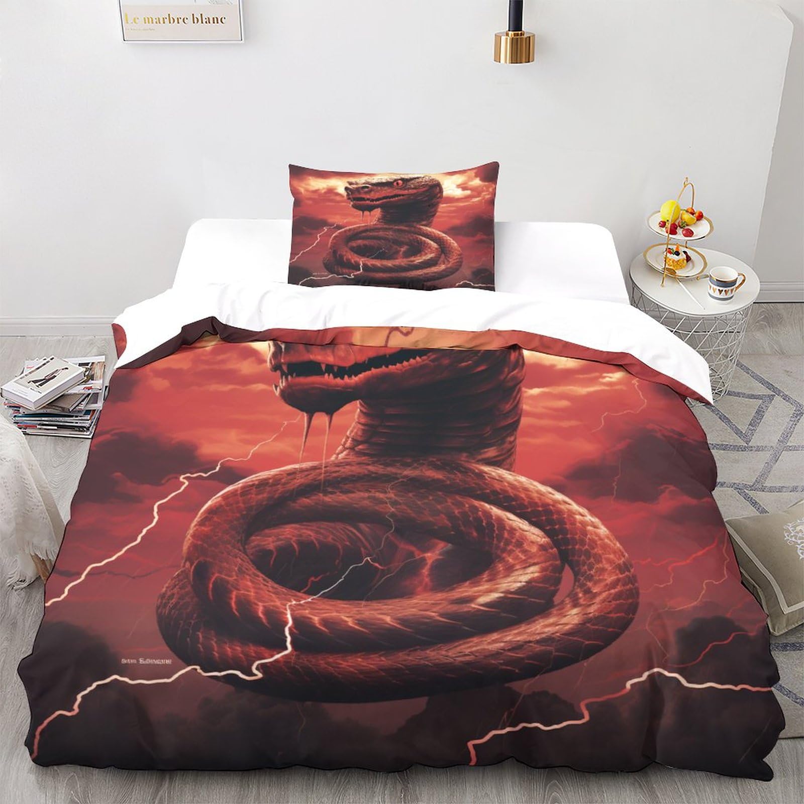 Parure de lit serpent 3D housse de couette 135x200cm et taie d'oreiller hypoallergénique