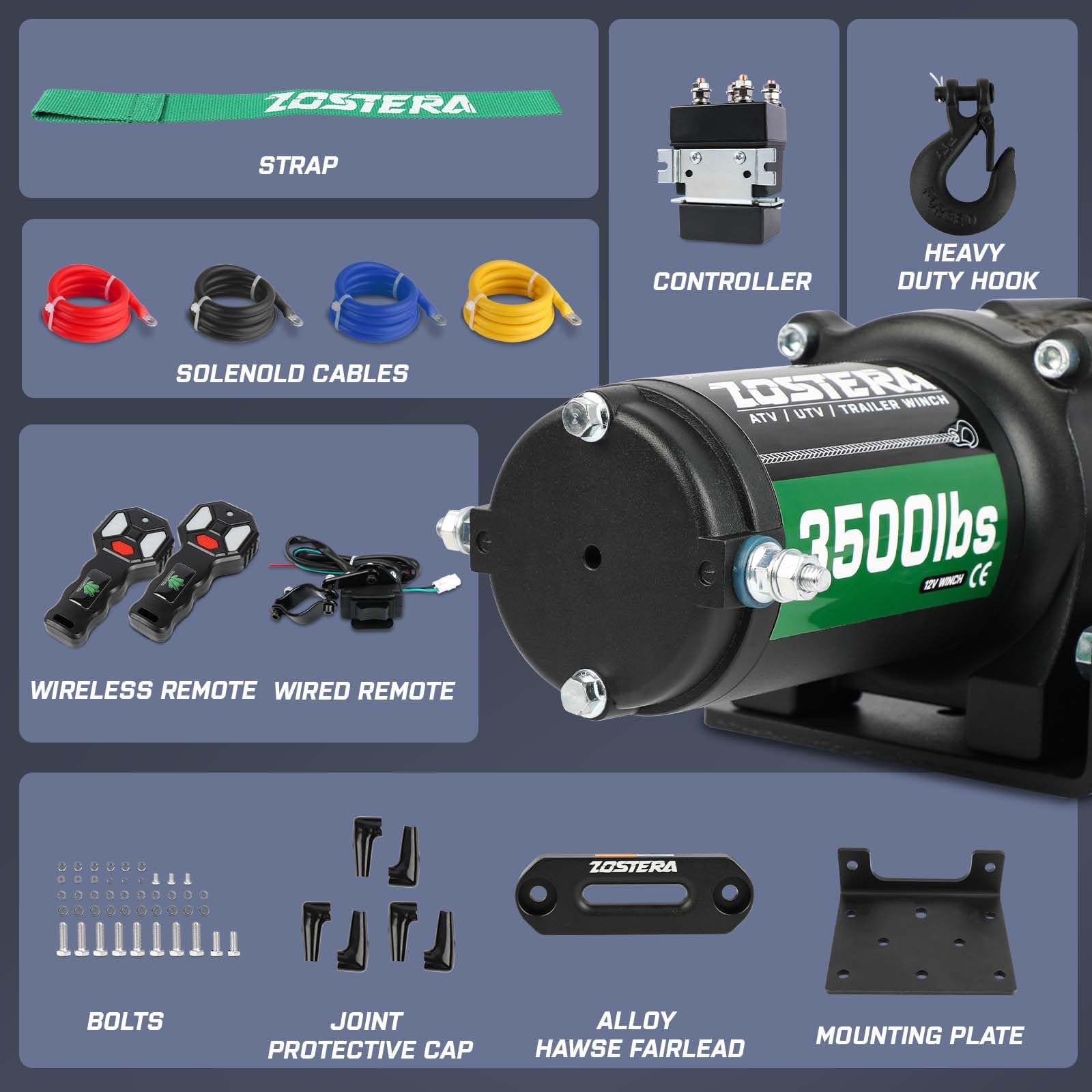Cabrestante de 12 V, 3500 libras, cabrestante eléctrico para barco, remolque, cuerda sintética, impermeable, con 2 interruptores de control remoto inalámbricos y soporte de montaje