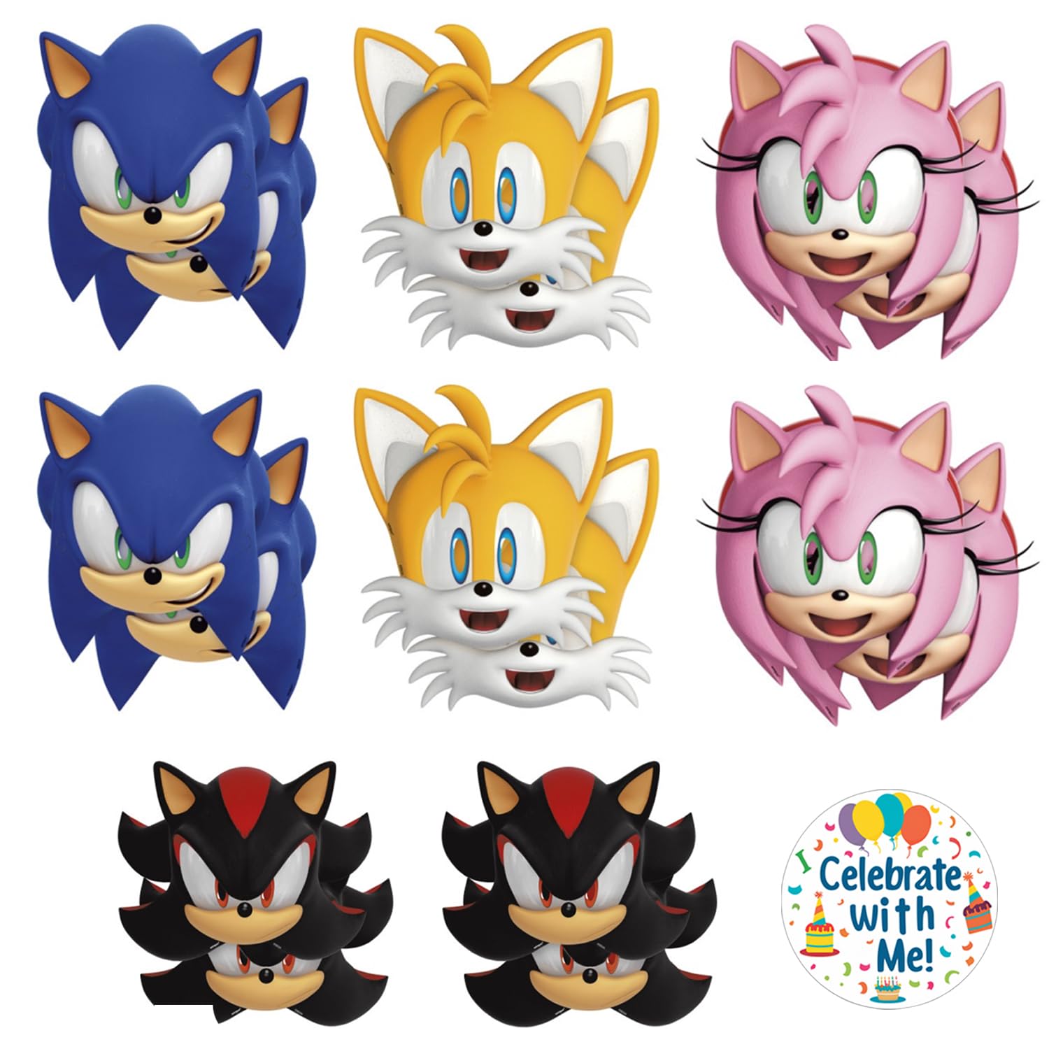 Unique Sonic the Hedgehog Party Masks 16 Assorted Paper Masks with Celebrate With Me Sticker | Sonic Birthday Party Supplies for Kids