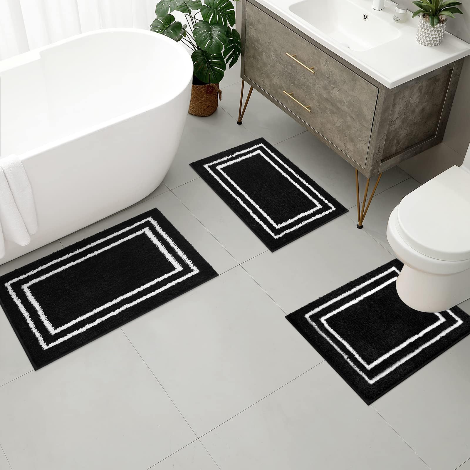 Uphome Juego de 3 tapetes de baño de microfibra suave lanuda con tapete de inodoro en forma de U, absorbentes, antideslizantes, lavables, tapetes de baño modernos geométricos negros para fregadero,