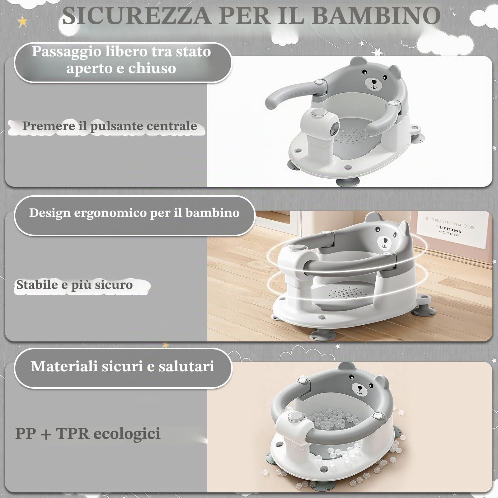 Seggiolini Per Bagnetto, Seggiolino Doccia Neonato, Seggiolino Da Bagno Antiscivolo Per Bambini A Partire Da 6 Mesi, Protezione A 360°, Per Doccia O Vasca Da Bagno (Grigio)