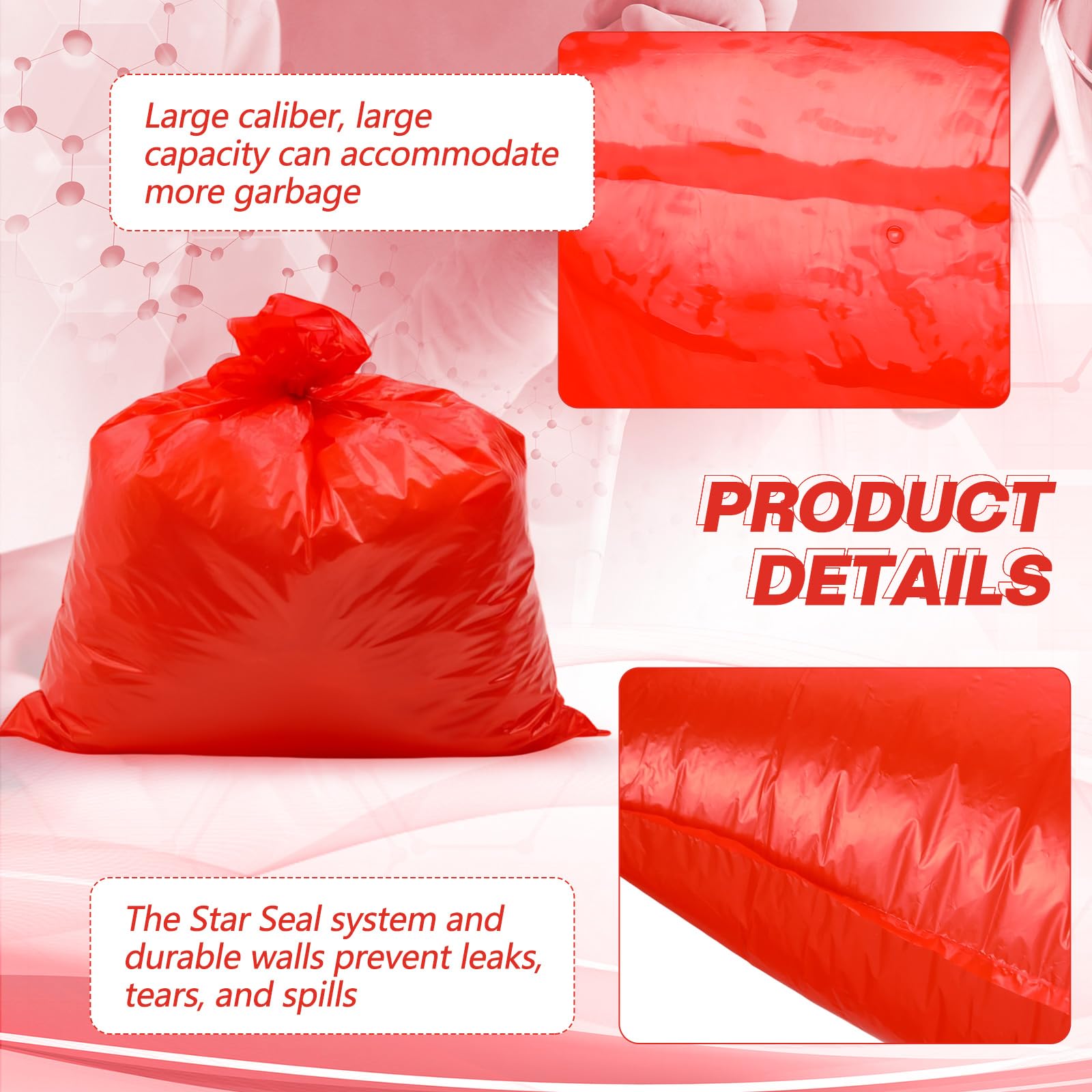 Feifeiya Paquete de 50 bolsas de basura de riesgo biológico de 30 galones, color rojo, bolsas de basura de 31.5 x 35.4 pulgadas, sin fugas, para uso hospitalario, eliminación de residuos infecciosos