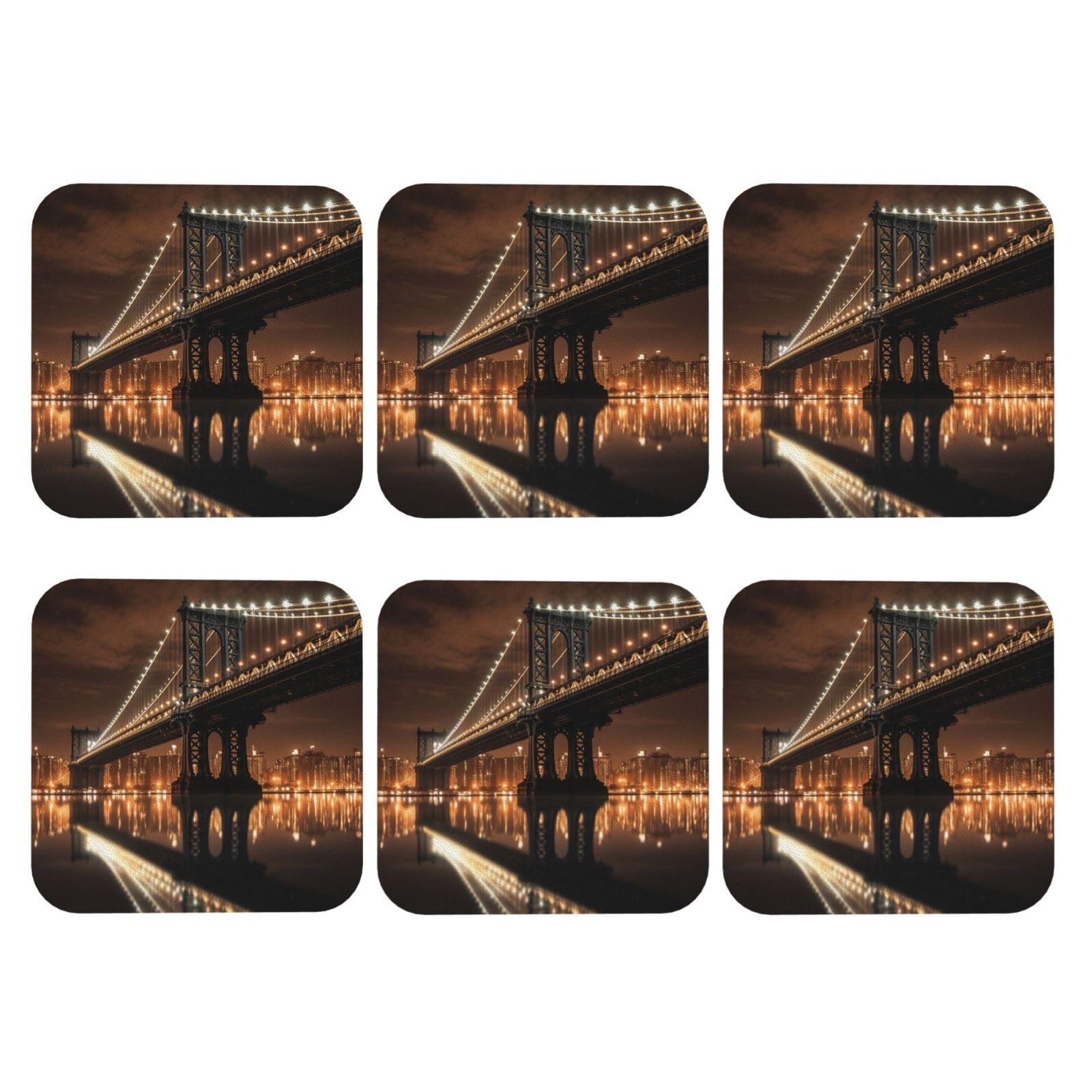 6pcs Leather Coasters for Drinks, New York Manhattan Bridge Night Drink Coasters for Tabletop Protection, 4" Cup Coasters for Coffee Table Decor, Non-Slip Drinking Cup Mat for Hot Or Cold Drink