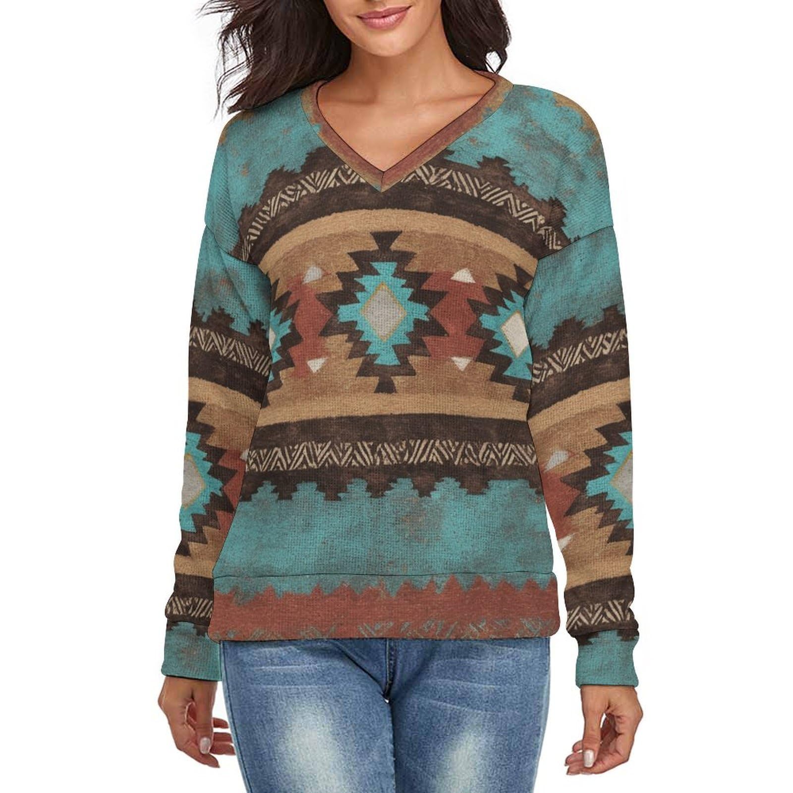 Folk Embroidery Sweaters for Women V Neck Top Long Sleeve Sweater