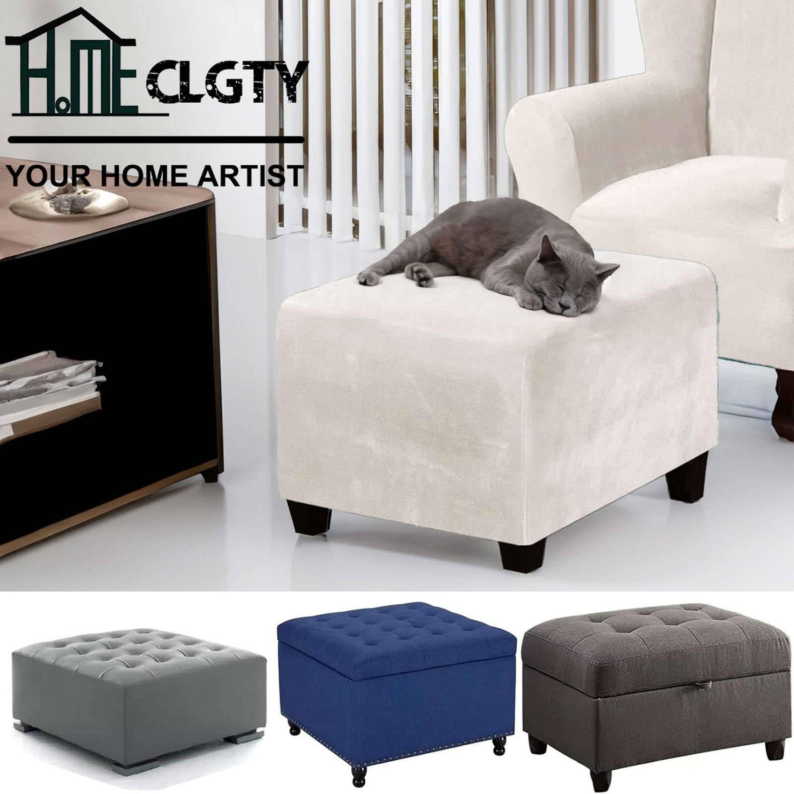 CLGTY Stretch Footstool Slipcovers Square, Velvet Ottoman Cover Non Slip Removable Living Room Folding Storage Stool Cover for Kids Pets-Ivory-Large