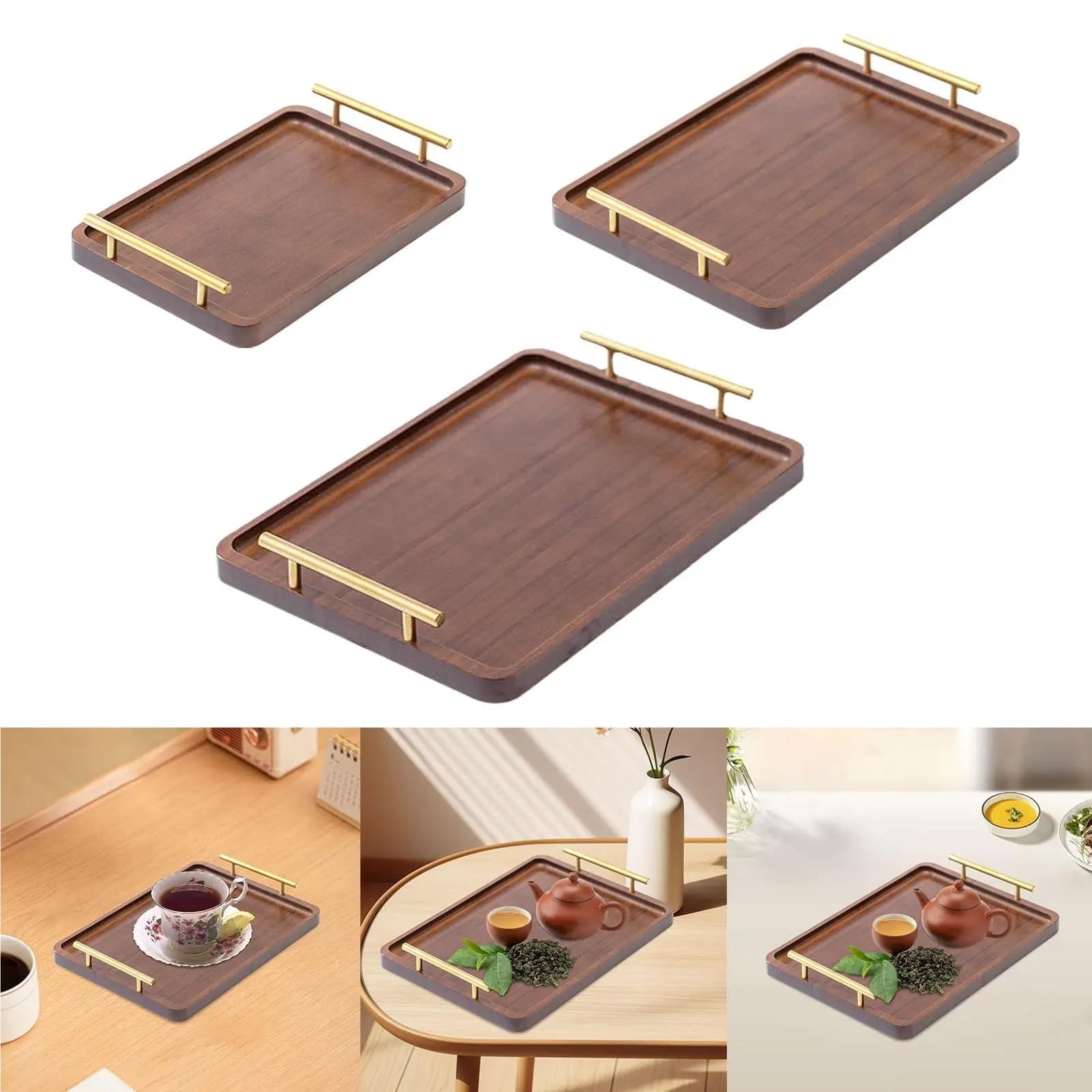Bandeja de madera para servir aperitivos con asas de metal, mesa de centro decorativa para decoración de cocina (20 x 30 cm)