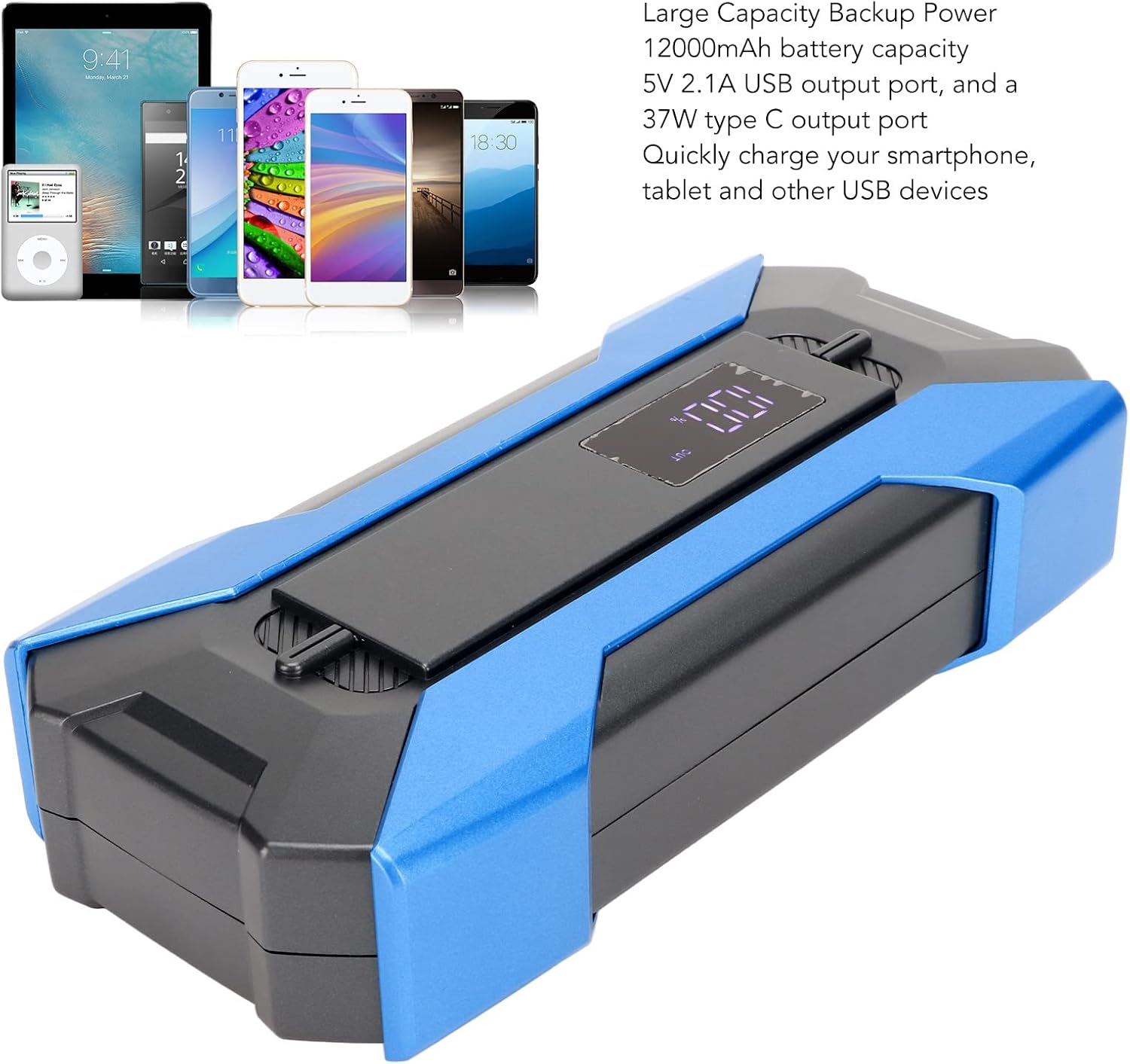 The Topiky A11 Portable Car Jump Starter shown next to various mobile devices, illustrating its capability to charge smartphones, tablets, and other USB devices.