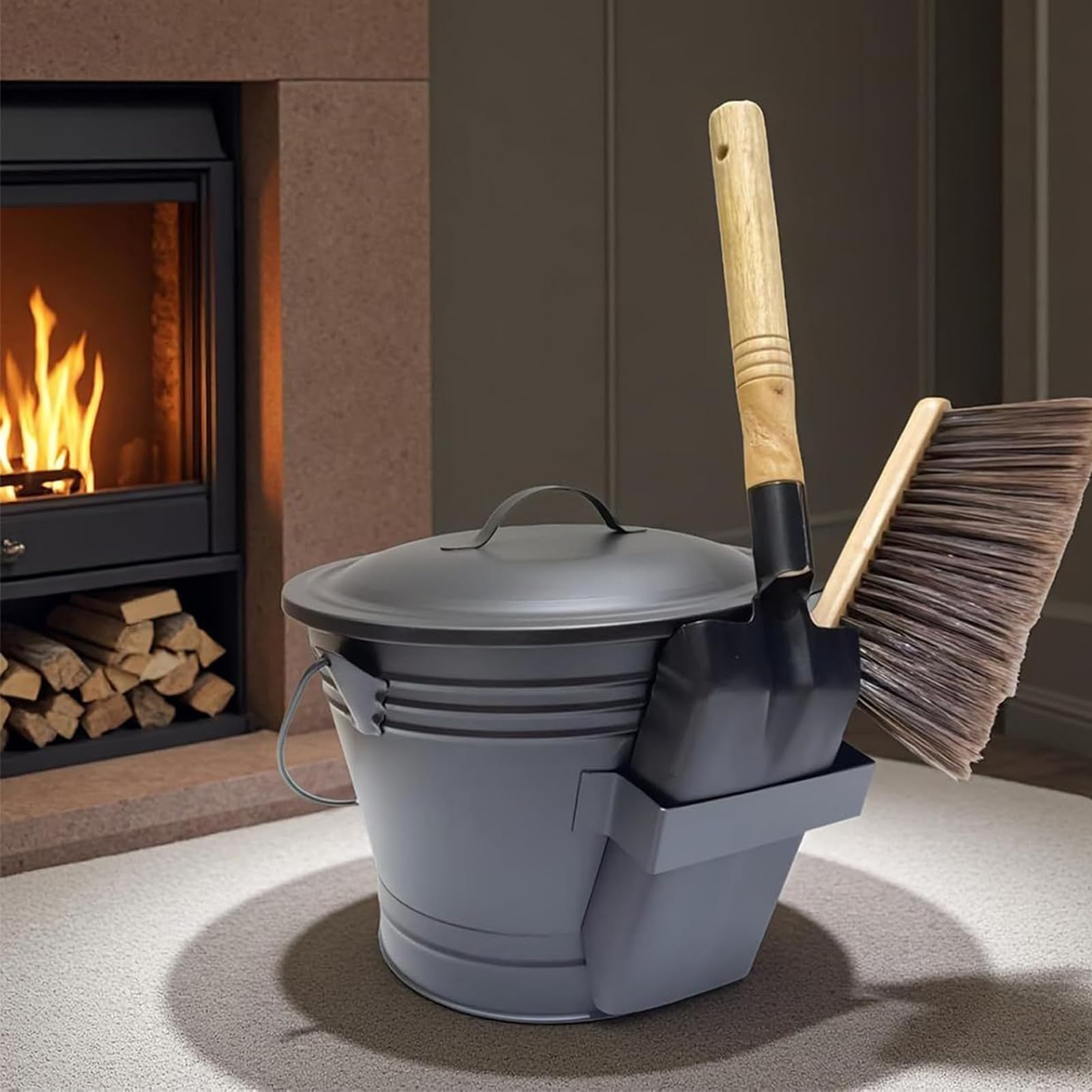 Contenitore per cenere, secchio in metallo con coperchio sicuro e strumenti per la pulizia, secchio resistente al calore con pala e scopa, contenitore stabile per braciere, fornelli, barbecue