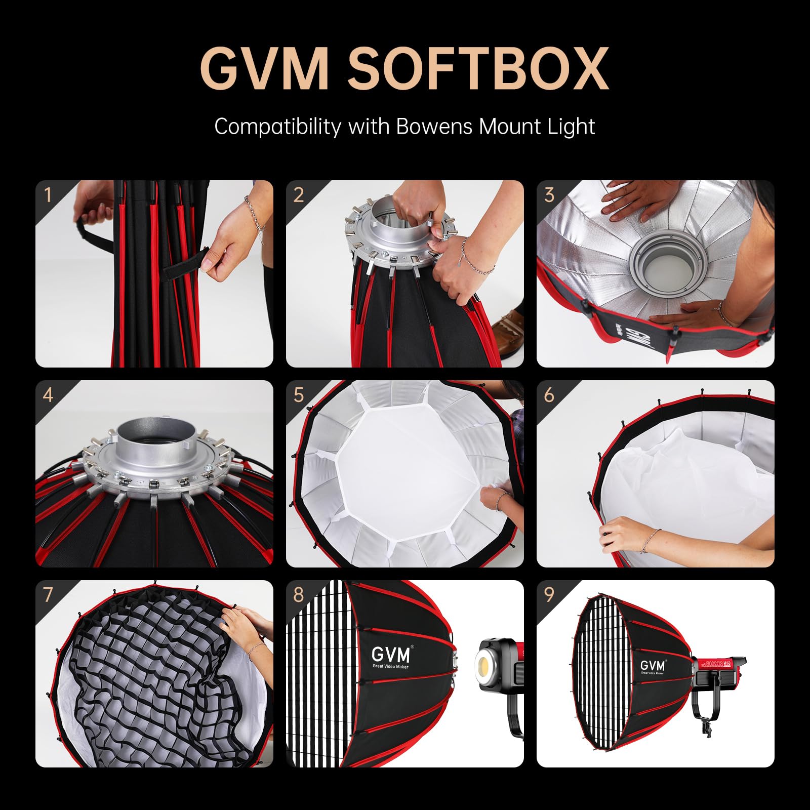 GVM Softbox Parabolic Soft Light Bowens Mount,36"/90cm Softbox Parabolico a sgancio rapido e griglia a nido d'ape compatibile con altre luci a montaggio Bowens per la registrazione
