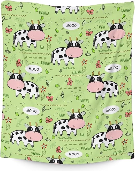 Mercuryelf Cow Throw Blanket - Soft, Fuzzy & Warm - 50x60 Inches Flannel Blankets for Living Room, Sofa - Light Green Cute Throws Gift for Teens