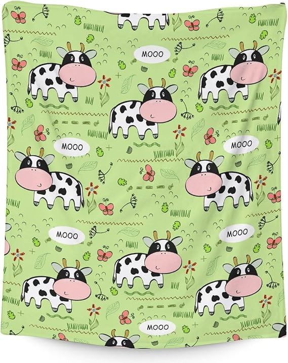 Mercuryelf Cow Throw Blanket - Soft, Fuzzy & Warm - 50x60 Inches Flannel Blankets for Living Room, Sofa - Light Green Cute Throws Gift for Teens