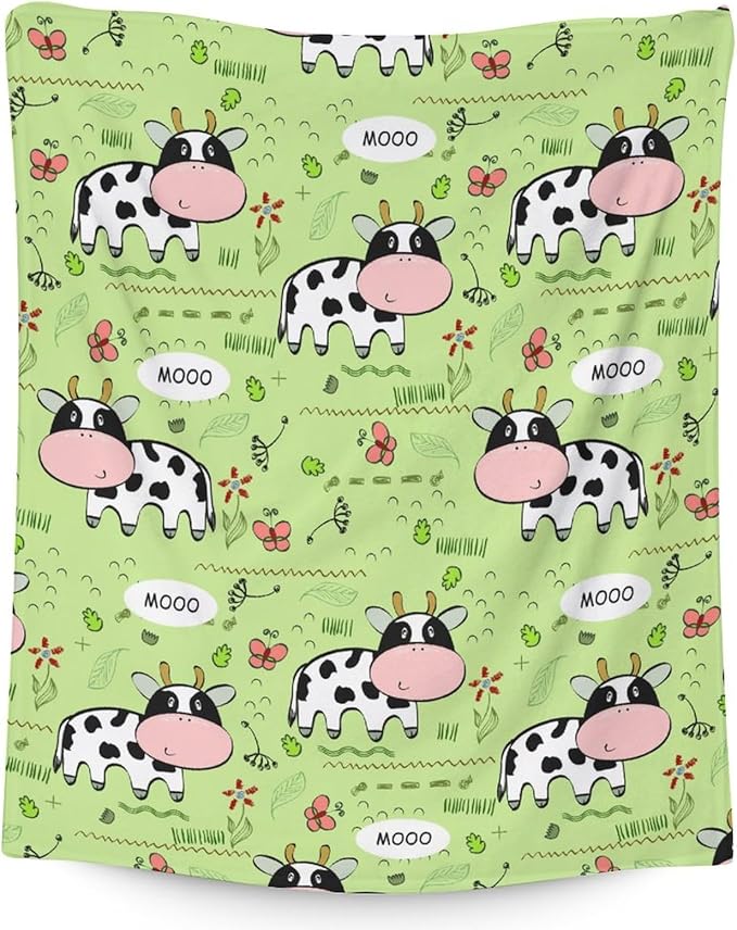 Mercuryelf Cow Throw Blanket - Soft, Fuzzy & Warm - 50x60 Inches Flannel Blankets for Living Room, Sofa - Light Green Cute Throws Gift for Teens