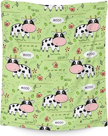 Mercuryelf Cow Throw Blanket - Soft, Fuzzy & Warm - 50x60 Inches Flannel Blankets for Living Room, Sofa - Light Green Cute Throws Gift for Teens