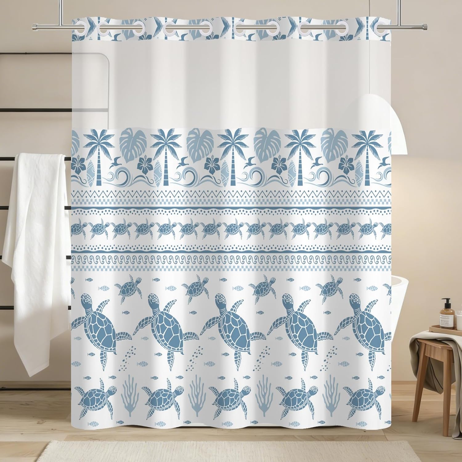 No Hook Ocean Shower Curtain with Snap in Liner - 71W x 74H Waterproof Bath Curtain Soft White Seashells Decor for Modern and Nautical Bathroom with Mesh Top