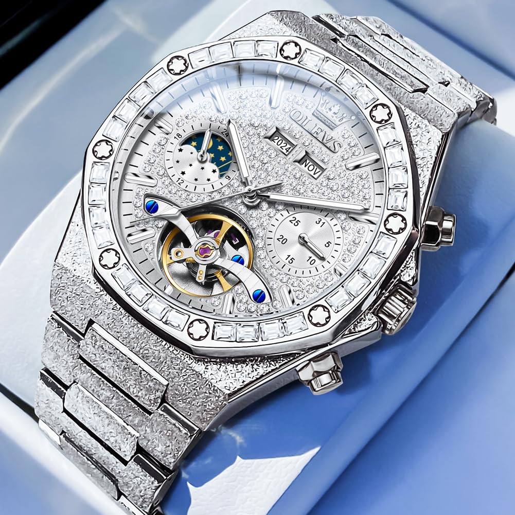 OLEVS Herrenuhr Automatik Skelettierte Luxus Diamanten Mechanische Uhr Wasserdicht Leuchtende Armbanduhr
