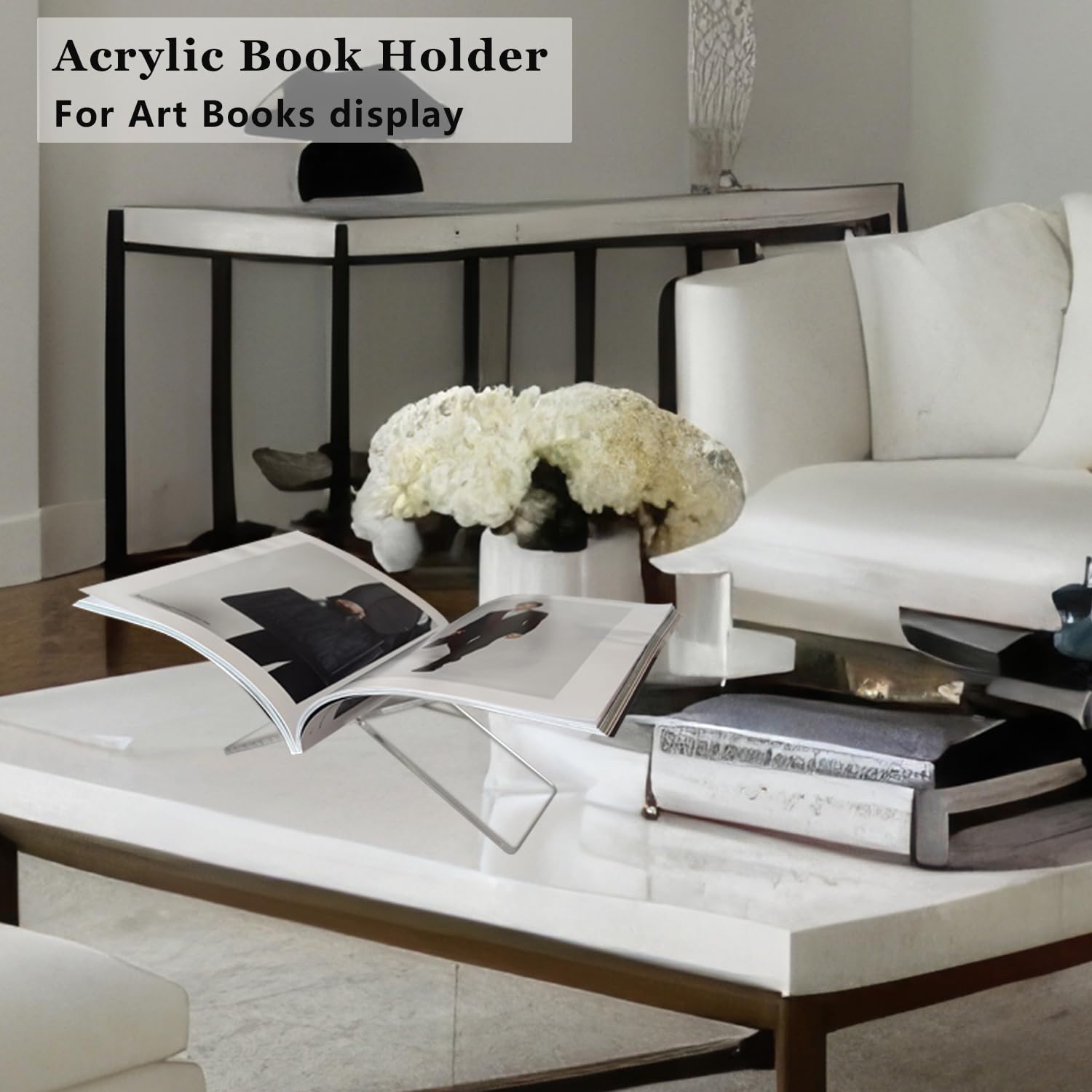 Mbneesio Acrylic Book Stand, Magazine Display Rack,Modern Clear Holder, Indoor Book Display for Kitchen Cookbooks, Living Room Magazines, Office Table Books for Reading– Easy to Assemble & Clean