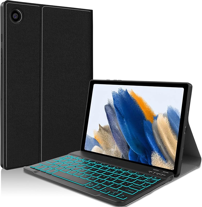 JUQITECH Backlit Wireless Keyboard Case for Samsung Galaxy Tab A8 10.5 Inch | Detachable 7-Color Backlit Keyboard, Soft TPU Protective Case Cover with Extra Buckle S Pen Holder, 420mAh USB-C Rechargeable