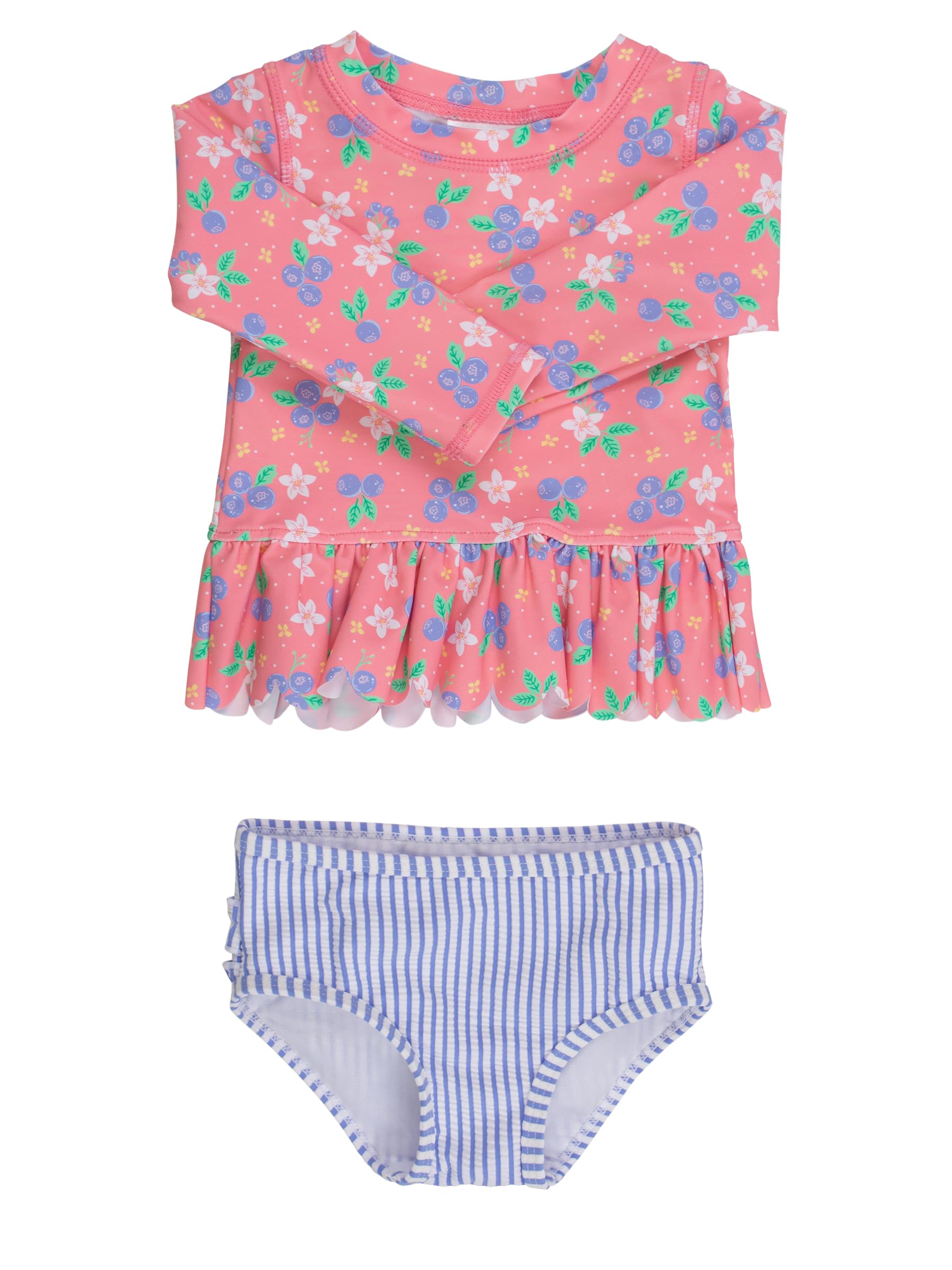 RuffleButts Girls Scalloped Long Sleeve - 2-Piece Rash Guard Swim UPF 50+