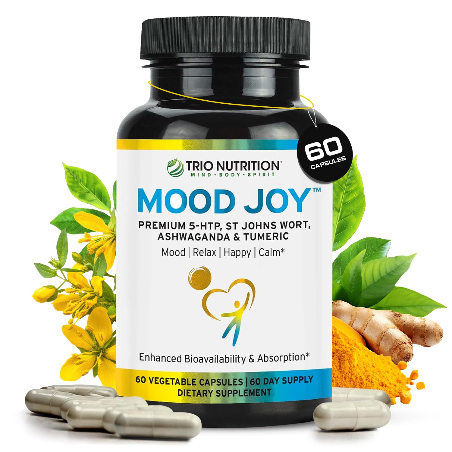 Trio Mood Joy | Premium 5-HTP, St Johns Wort, Ashwagandha & Turmeric | Ashwagandha Capsules to Promote Natural Calm & Relaxed Mood | Mood Support Supplement | 60 Day Supply*