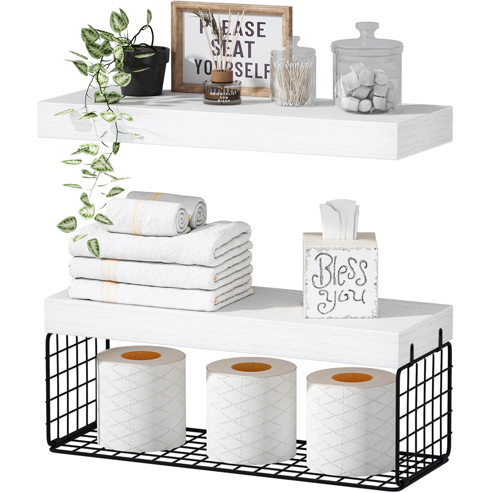QEEIG Bathroom Shelves Over Toilet Wall (White and Black, Set of 2, 15.7")