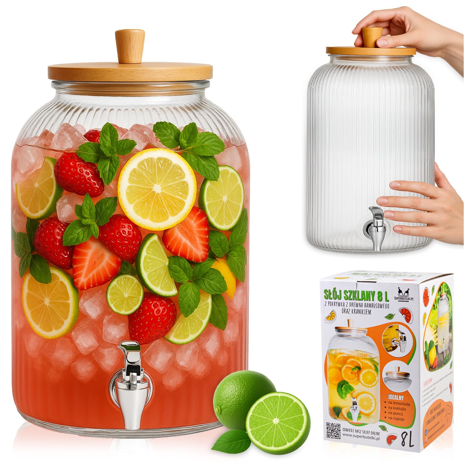 Contenitore in vetro da 8 litri con rubinetto e coperchio in bambù, per limonata, acqua e succo (acciaio inossidabile)