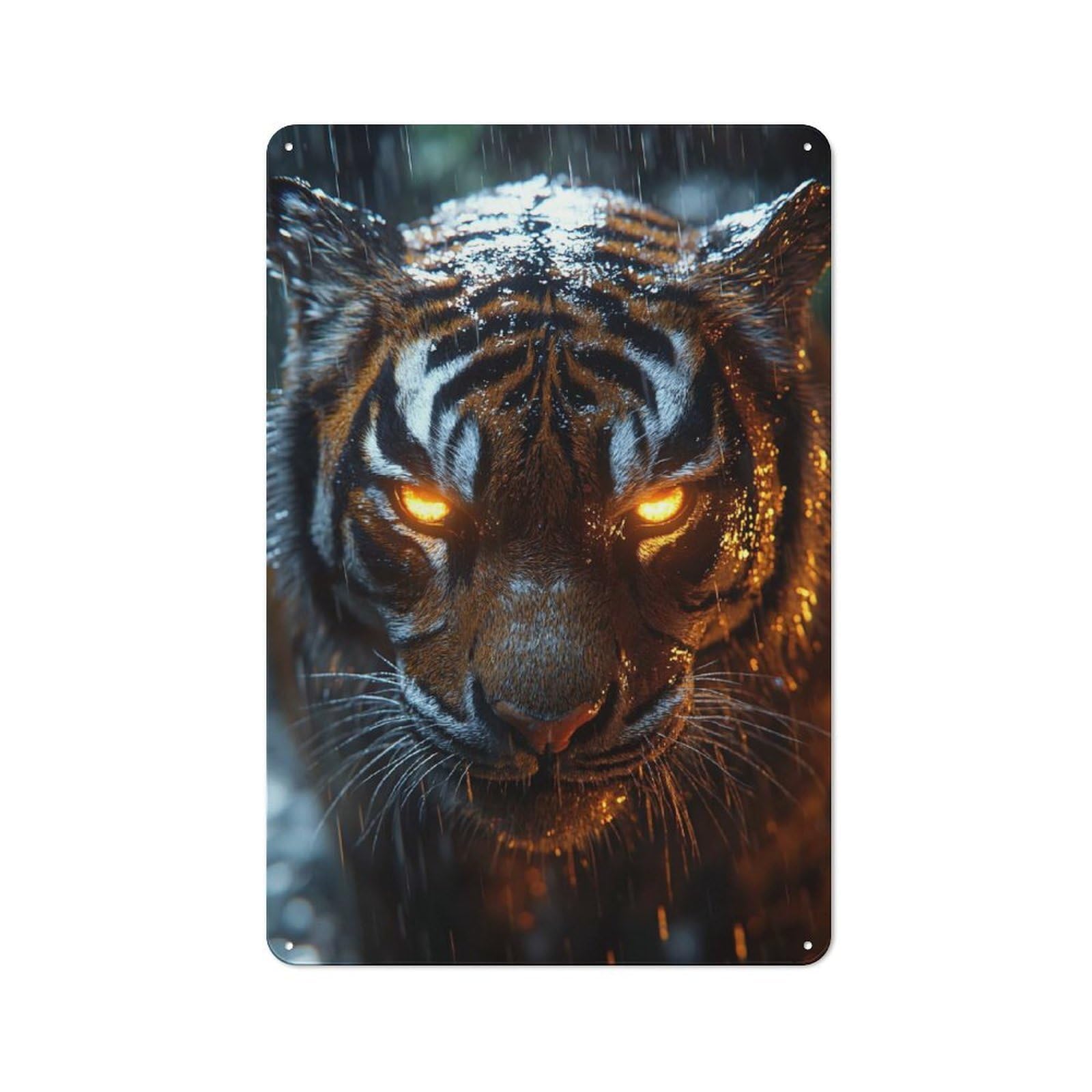 Junmoney Style-19 Glowing-Eyed Tiger In The Rain Workshop Style Metal Wall Decor 30X20cm, Decorative Metal Plaque For Garage, Hobby Room, Office Or Man Cave