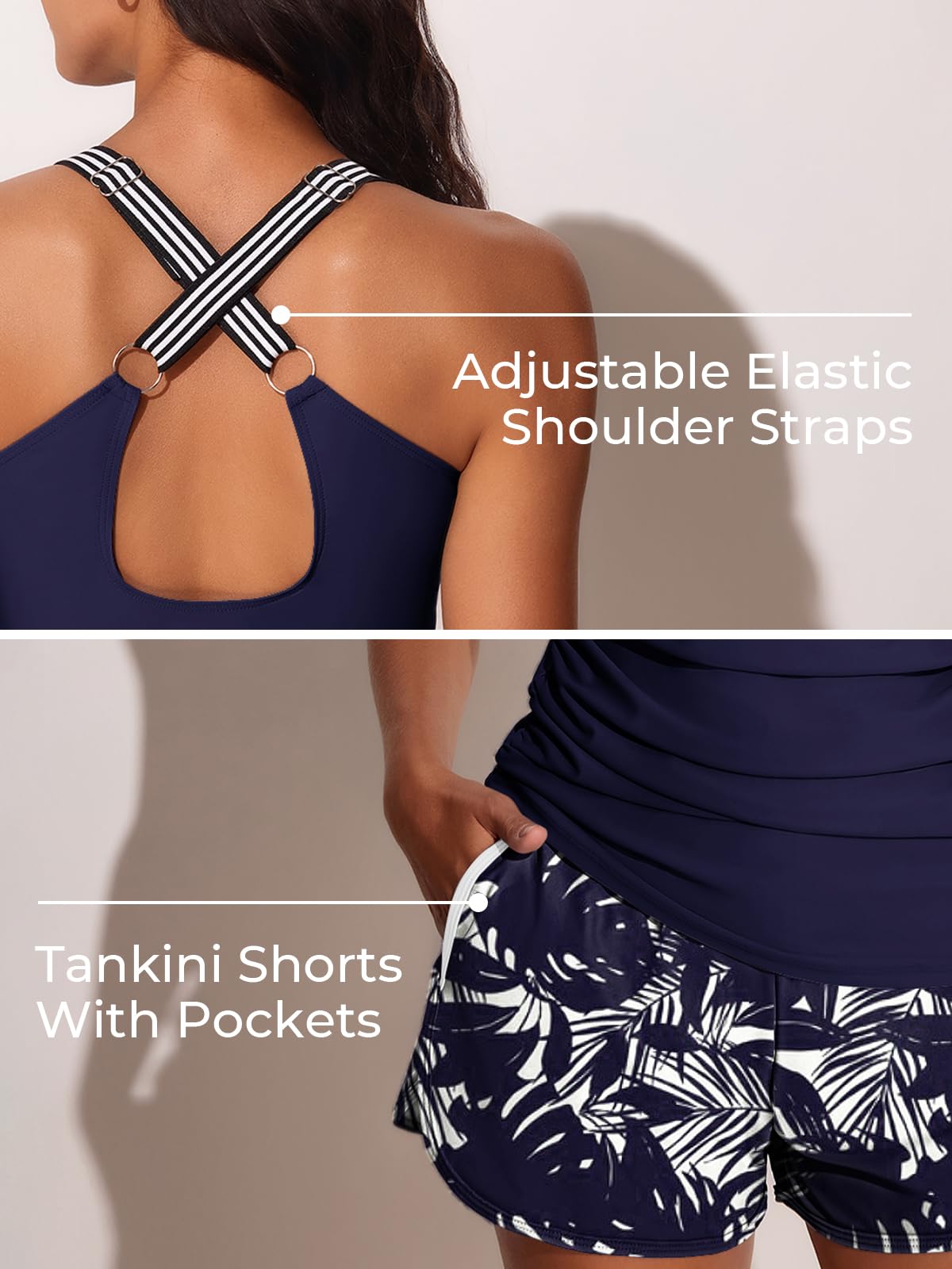 Summer Mae Trajes de baño modestos tankini para mujer, trajes de baño de dos piezas con bolsillos deportivos, pantalones cortos para control de abdomen