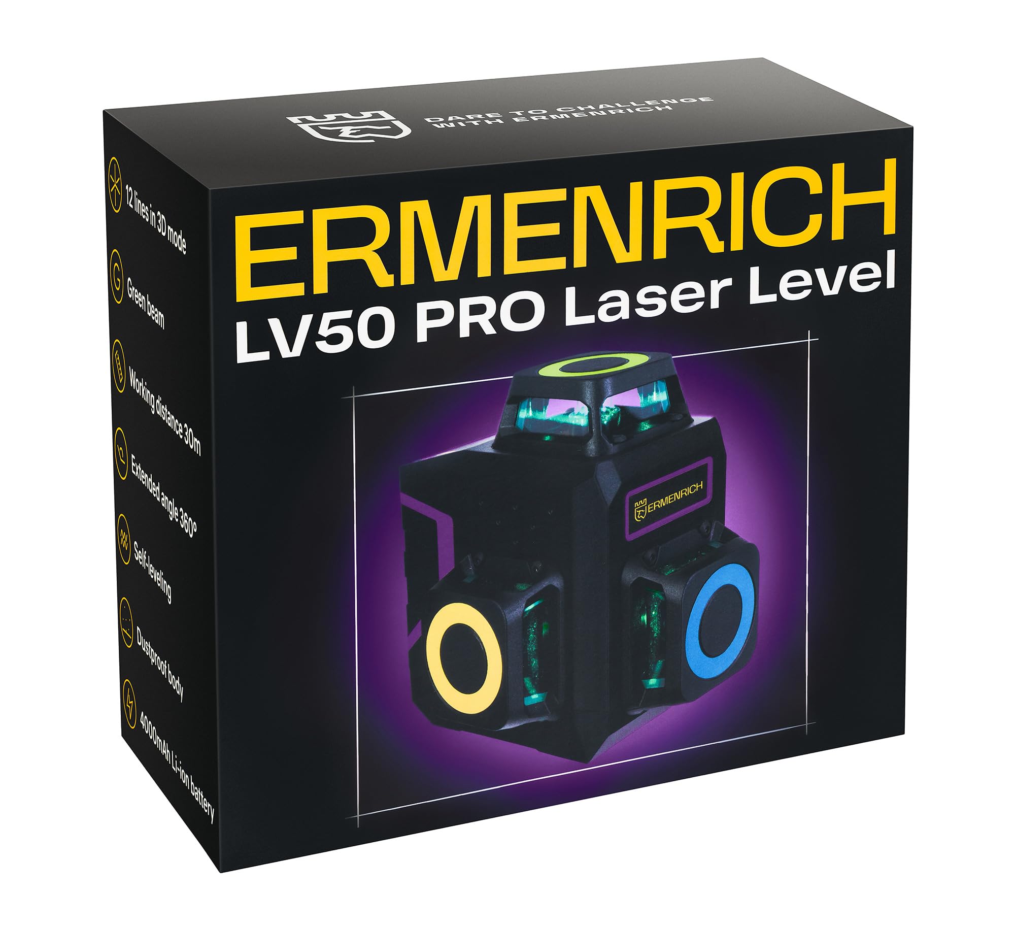 PRO LV50 Livella Laser Verde Autolivellante Modalità Impulsi 30 m 3D 12 Linee — 360° — IP54 Telecomando Ricaricabile Base Treppiede Piastra Bersaglio Staffa Tipo C Inclusa