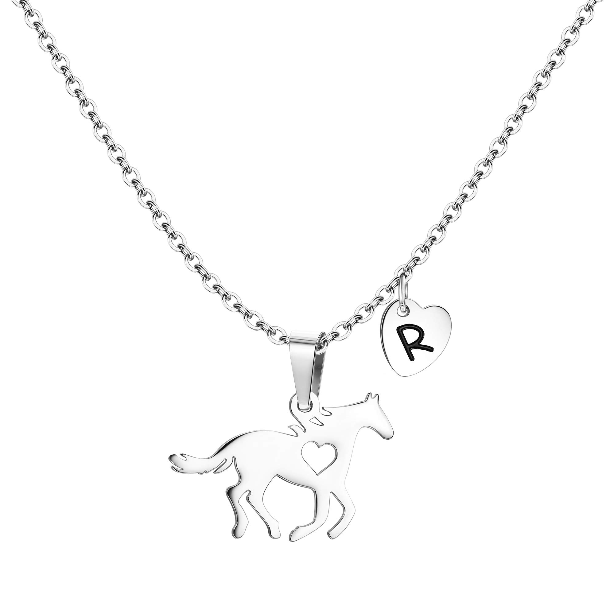 JewenovaHorse Necklace for Girls Initial Heart Charm Necklace Stainless Steel Dainty Horse Pendant Letter Necklace Jewelry Gifts for Women Girls Horse Lovers, Stainless Steel, Cubic Zirconia