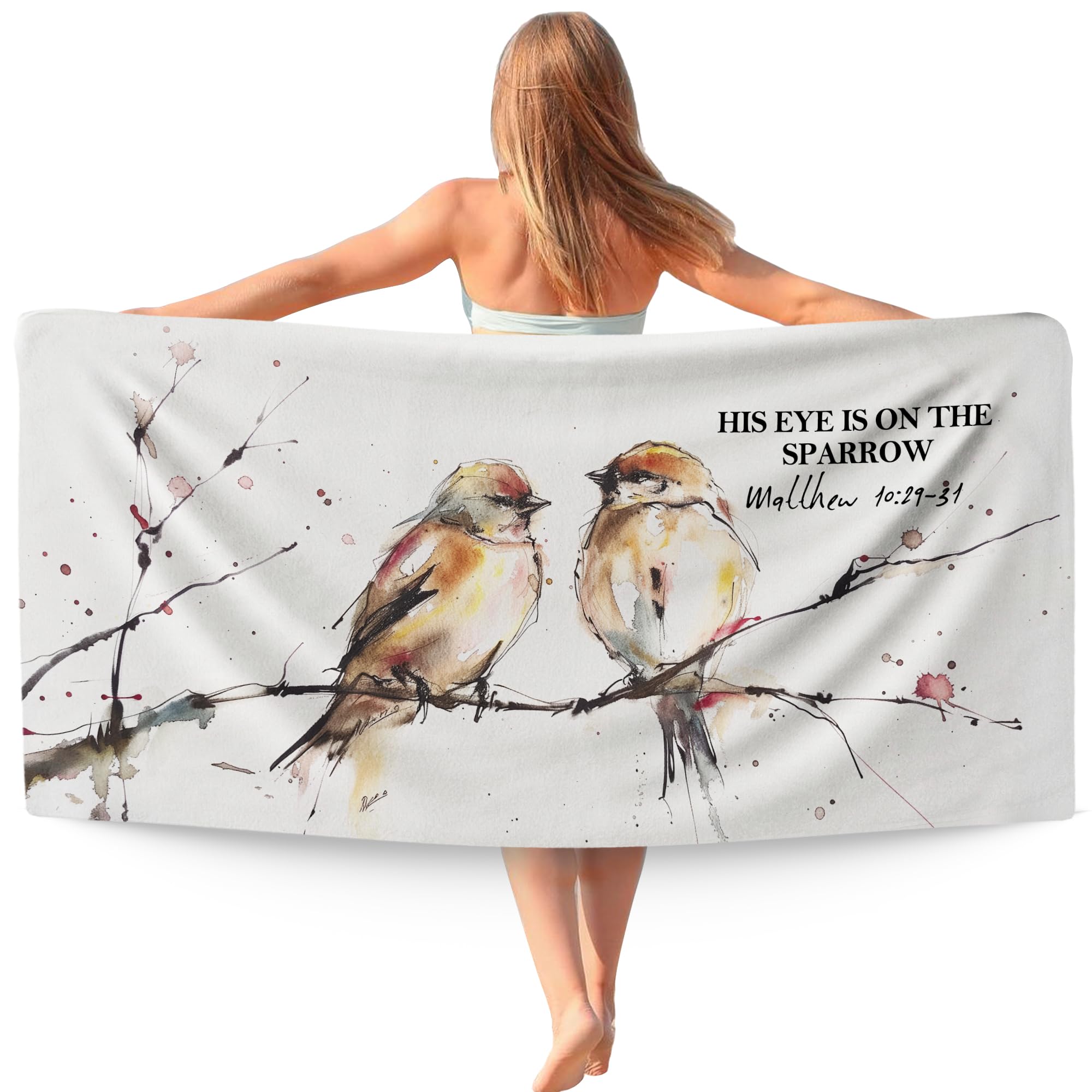 WAITPI Christian Beach Towel, Vintage Sparrow Beach Towels Oversized Gifts for Bird Lovers Women, Bible Verse Scripture Quick Dry Travel Sand Free