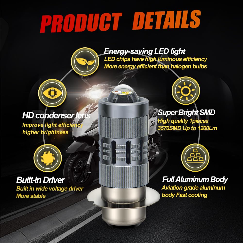 Ruiandsion Lot de 2 ampoules LED P36D pour phare de moto AC 12-36 V/DC 12-80 V Blanc/jaune Super lumineuses 3570 2SMD Puces LED avec lentille de projecteur, faisceau haut-bas pour phare de cyclomoteur
