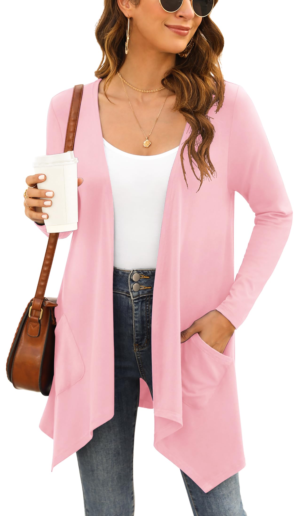 Yommay Damen Sommer Kurzarm-Lang Strickjacken für Damen Elegante lässige leichte Strickjacke mit Tasche High Low Saum